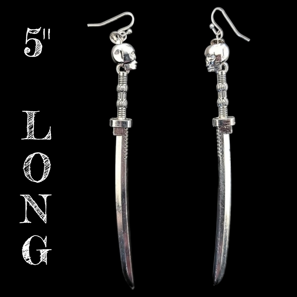 NWT Rare Goth Extra Long Dangly Skull Katana Sword Earrings DEADSTOCK